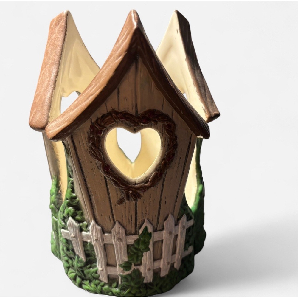 Jill Gibson 2004 Signed Ceramic Birdhouse Tea Light Holder Heart Ivy Folk Art